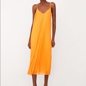Zara pleated tulle midi dress tangerine orange / gold color